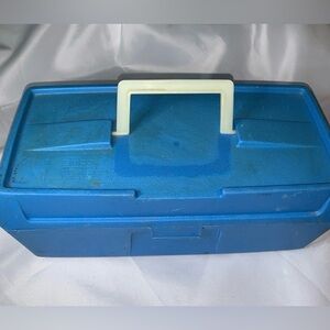 EMCO Blue Plastic Fishing Tackle Box with Handle Fish Stories Compartments